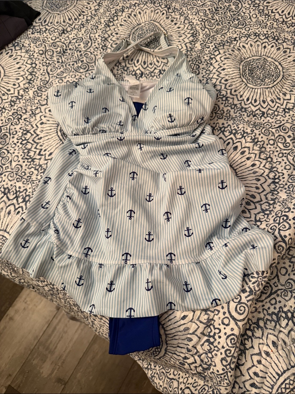 crown & ivy Light Blue and Navy Anchor Print Swimdress with Ruffle Hem